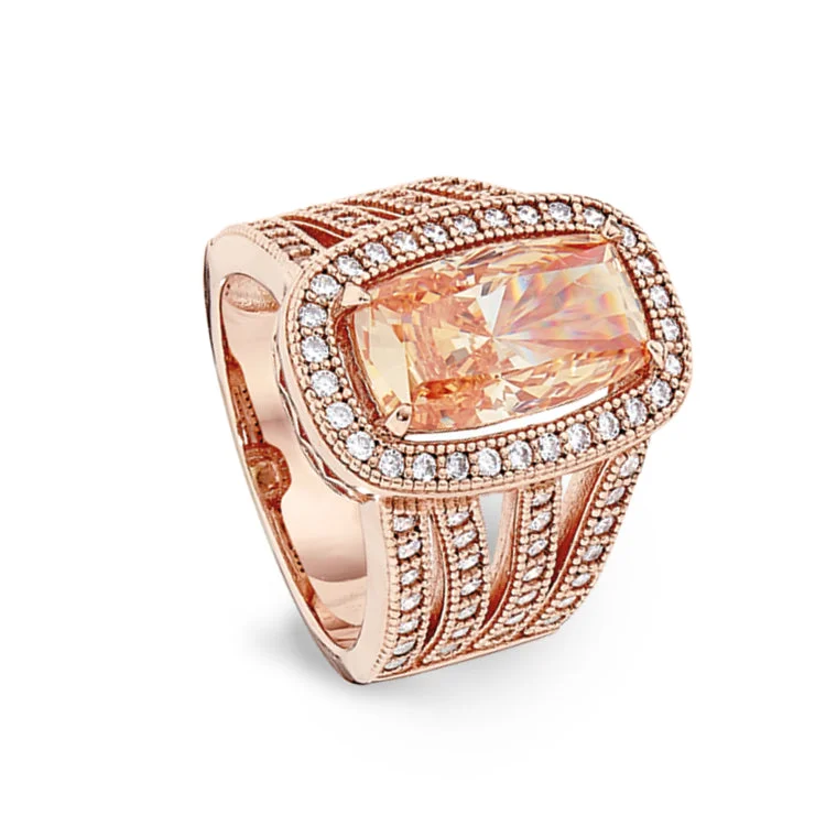 PalladiumRings-Rose Gold Finish Sterling Silver Micropave Ring with Light Champagne Colored Stone and Simulated Diamonds