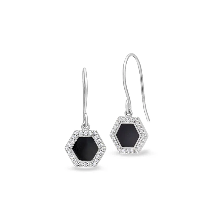 Women’s Silver Earrings-Elegant Pearl Earrings-Platinum Finish Sterling Silver Micropave Black Enamel Hexagon Earrings with Simulated Diamonds