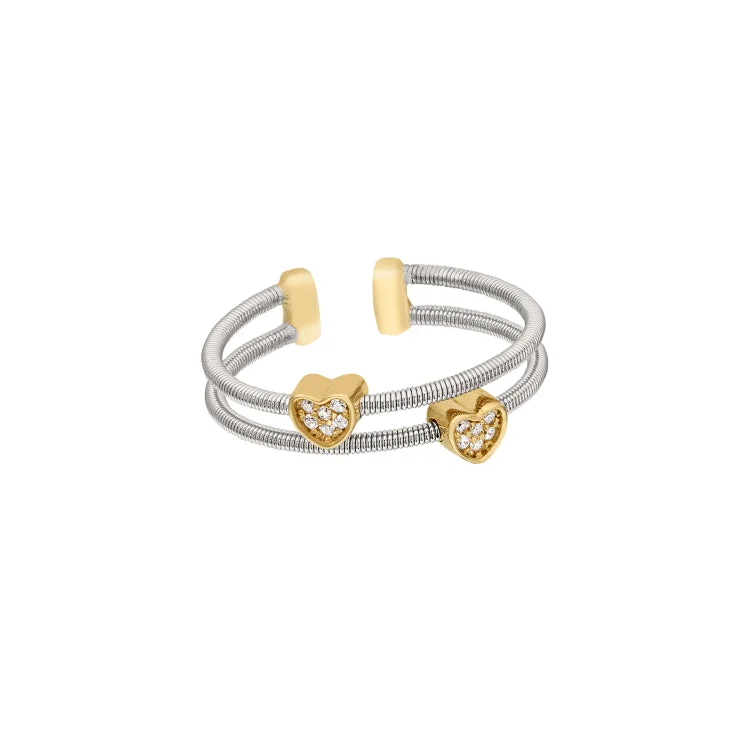 AdventureRings-Rhodium Finish Sterling Silver Two Cable Cuff Ring with Two Gold Finish Simulated Diamond Hearts