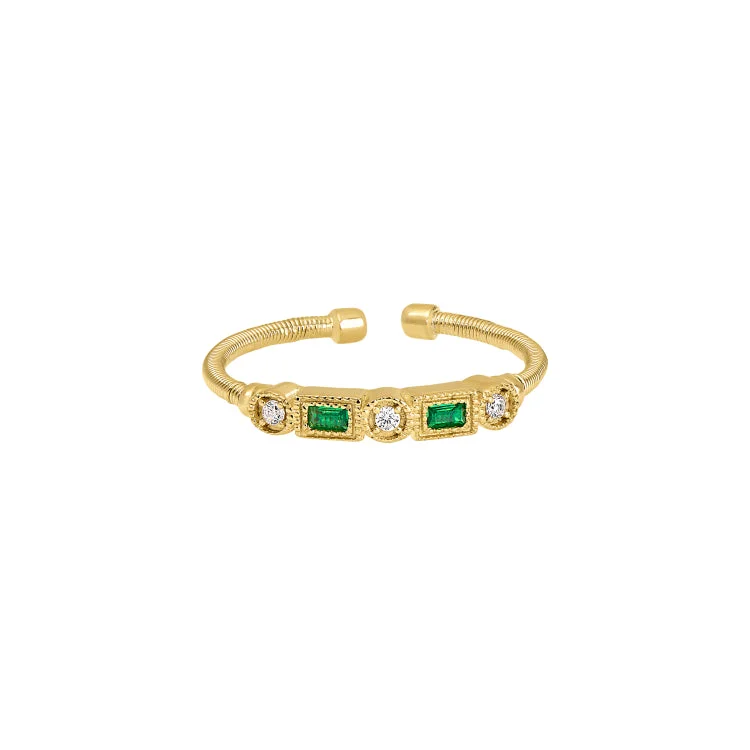 BrotherRings-Gold Finish Sterling Silver Cable Cuff Ring with Simulated Emeralds and Simulated Diamonds