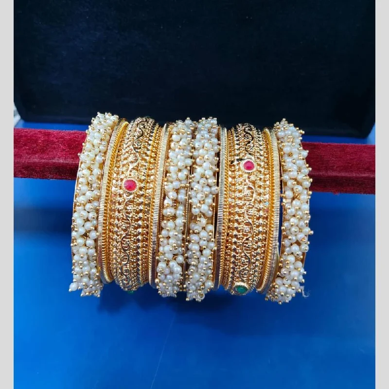 Bangles For Wedding Anniversary Gifts-Pooja Bangles Gold Plated  Pota Stone And  Pearls Bangle  Set