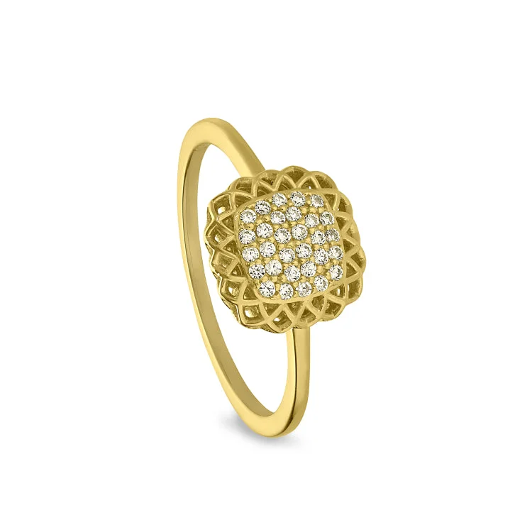 PavéRings-Gold Finish Sterling Silver Micropave Pillow with Filigree Edge Ring with Simulated Diamonds