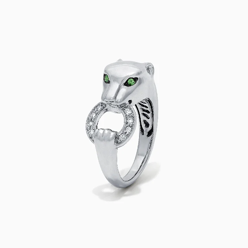 YellowGoldRings-Signature Sterling Silver Diamond and Tsavorite Panther Ring, 0.13 TCW