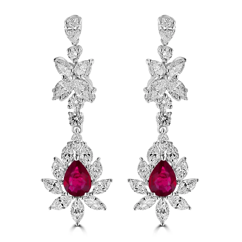 Iridescent Drop Earrings-Fashion Drop Earrings-JULEVE 18KT WHITE GOLD 2.73 CTW RUBY & 5.70 CTW DIAMOND DANGLE EARRINGS