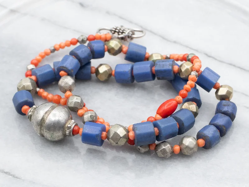 Modern Silver Necklaces-Mixed Era Blue Glass, Coral, Sterling Silver African Trade Beaded Necklace