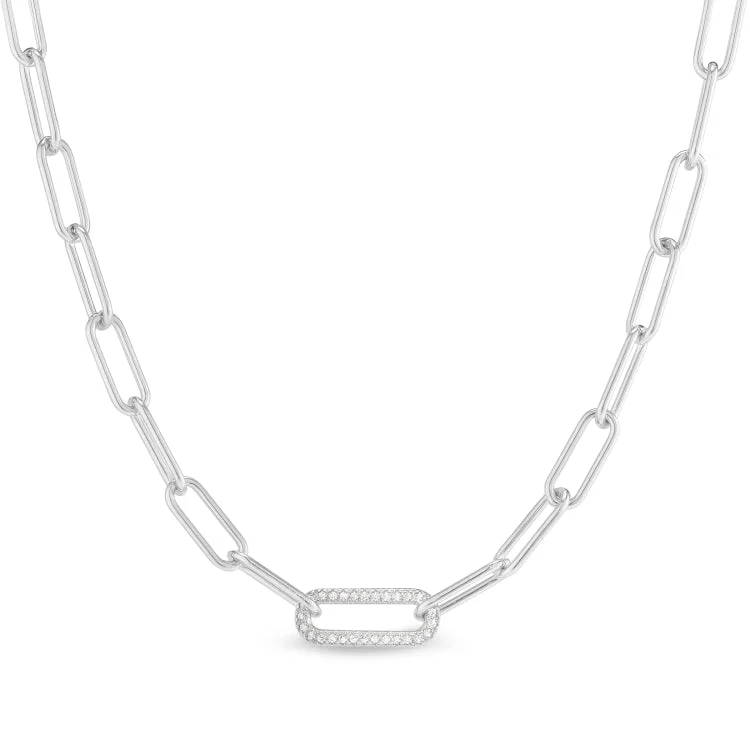 Statement Necklace for Wedding-Platinum Finish Sterling Silver Micropave 16" Paper Clip Necklace with a Single Link with Simulated Diamonds