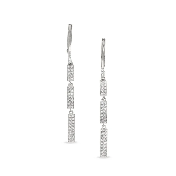 Hoop Earrings for Women-Stone Earrings-Platinum Finish Sterling Silver Micropave Three Bar Drop Earrings with Simulated Diamonds