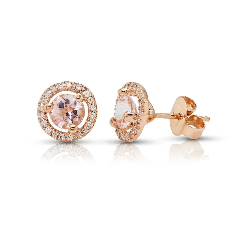 Fun Earrings-Silver Hoop Earrings for Women-14k Rose Gold Round Morganite & Diamond Halo Earrings - 6mm