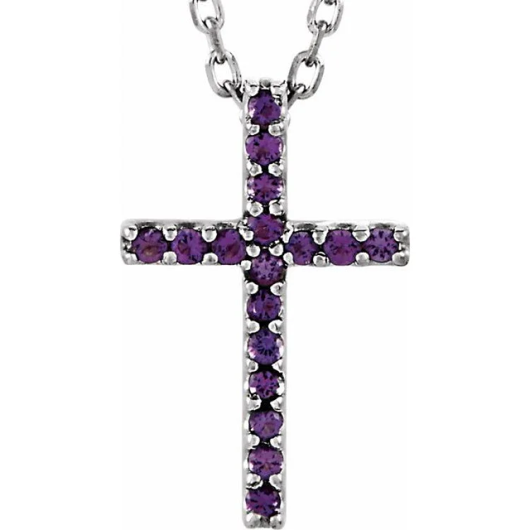 Unique Birthstone Necklaces-14K White Natural Amethyst Petite Cross 16" Necklace