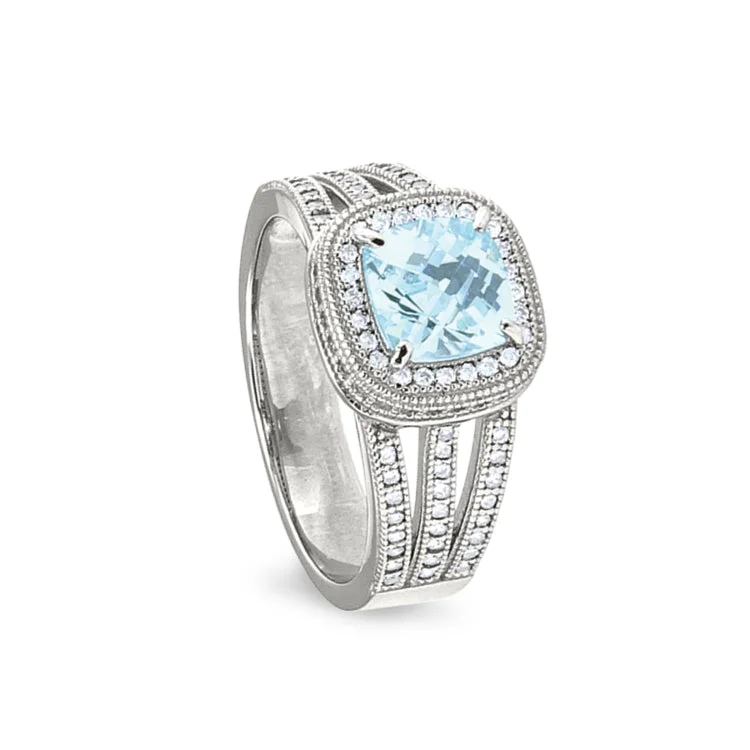 PuzzleRings-Platinum Finish Sterling Silver Micropave Ring with Simulated Aquamarine and Simulated Diamonds