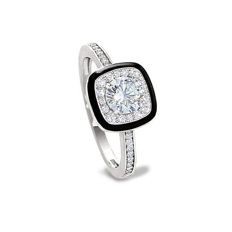 CubicZirconiaRings-Platinum Finish Sterling Silver Micropave Cushion Cut Ring with Thin Black Enamel and Simulated Diamonds - Size 5