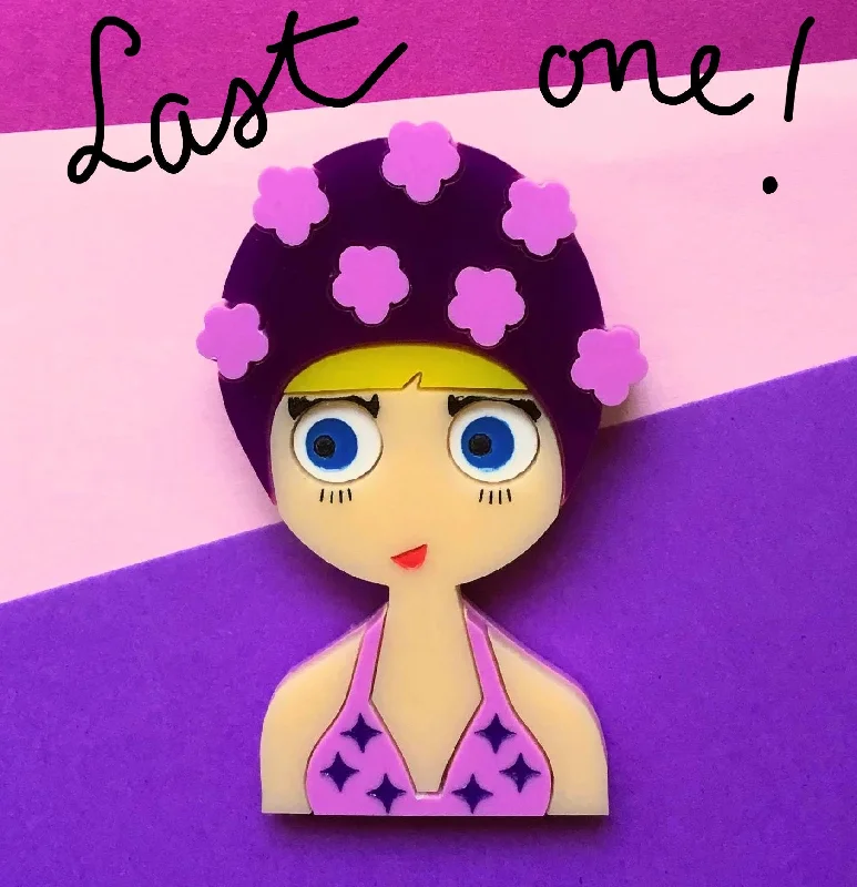 Victorian style brooch-ESTHER Acrylic Brooch - July Limited Edition - Girl with purple bikini and flowers bathing cap