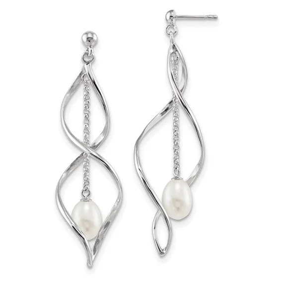 Designer Earrings-Glitter Earrings-Sterling Silver Cultured Pearl Post Dangle Twist Earrings