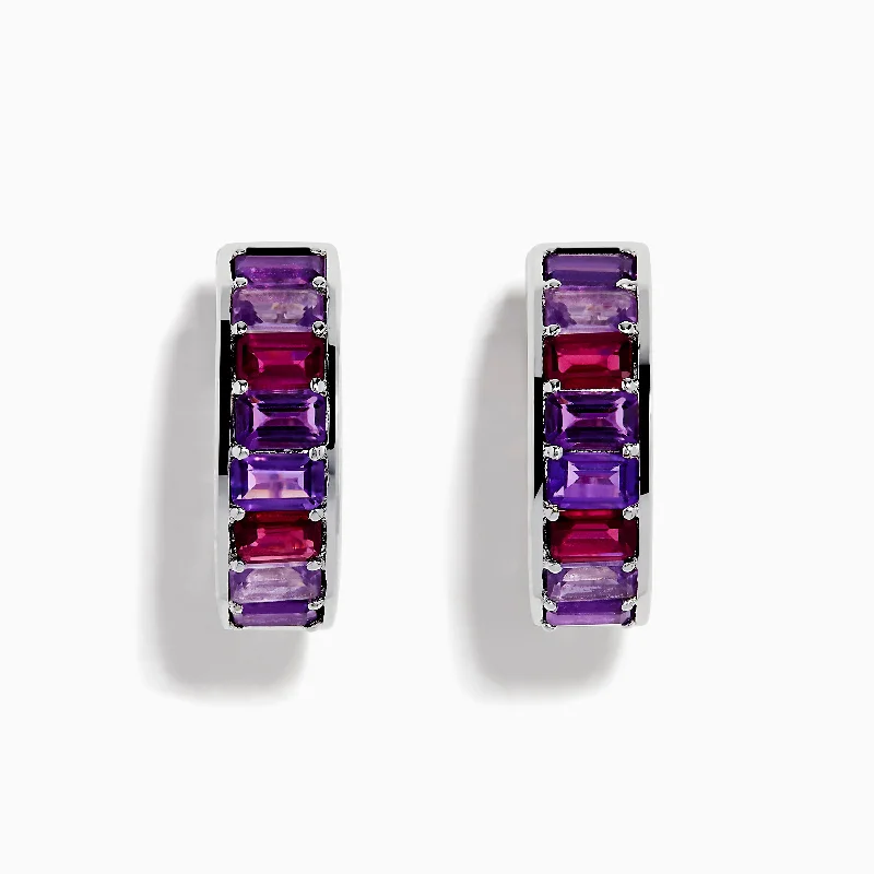 Elegant Hoop Earrings-Fun Earrings-925 Sterling Silver Amethyst and Rhodolite Huggie Hoop Earrings