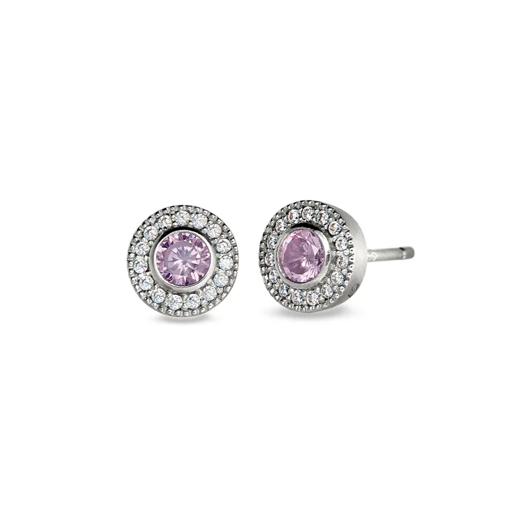 Multi-Layer Earrings-Small Dangle Earrings-Platinum Finish Sterling Silver Micropave Round Simulated Pink Sapphire Earrings with Simulated Diamonds