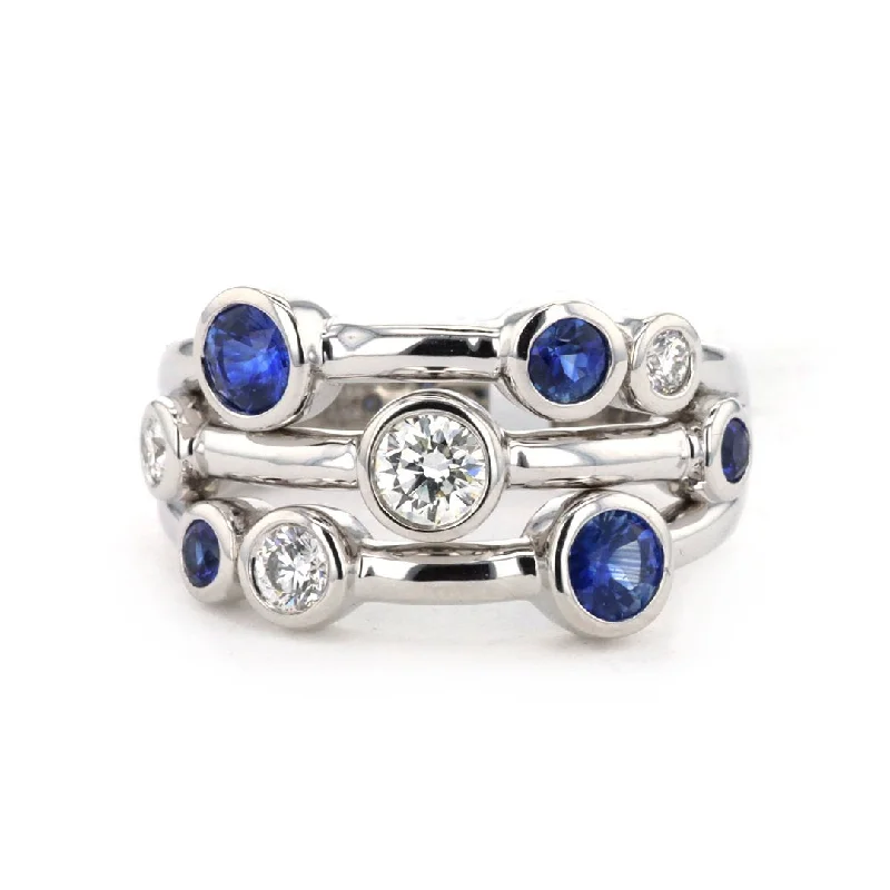 PearlRings-Blue Sapphire & Diamond 3 Row Ring