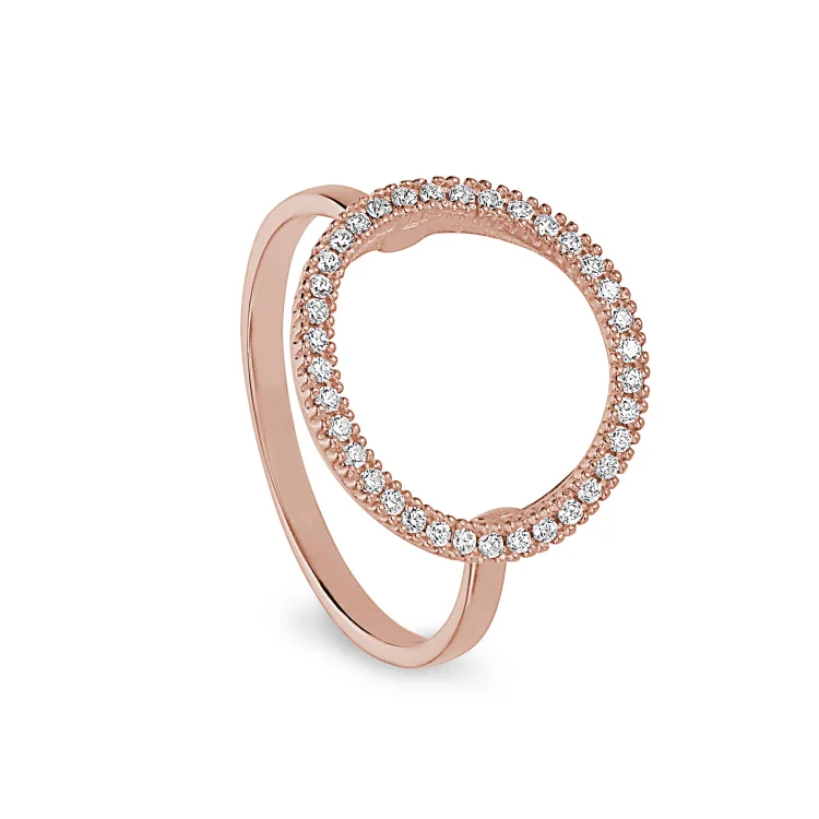 PearlRings-Rose Gold Finish Sterling Silver Micropave Open Circle Ring with Simulated Diamonds