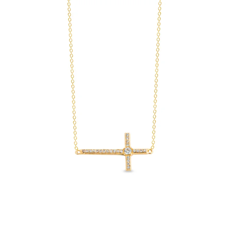 Celebrity Inspired Necklaces-Gold Finish Sterling Silver Micropave Sideways Cross Necklace with Simulated Diamonds on 18" Cable Chain