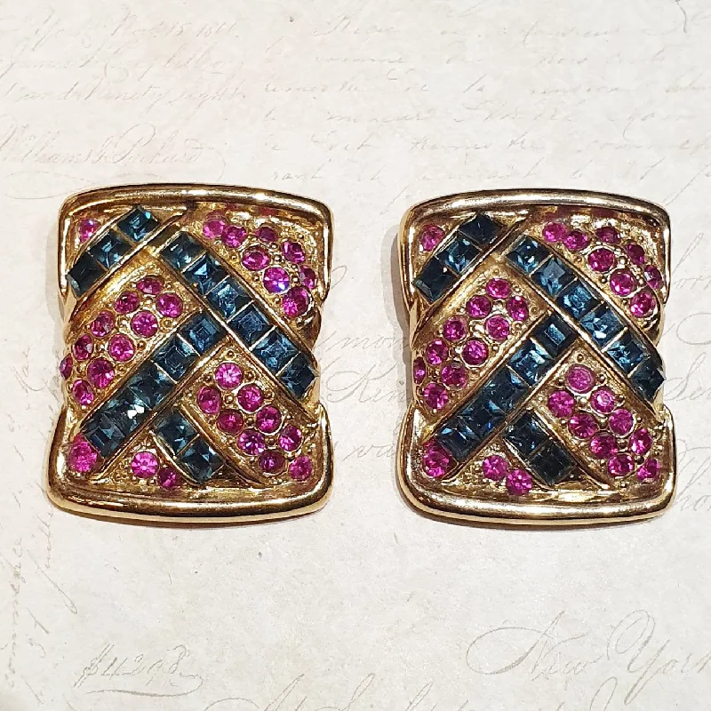 Classic Gold Earrings-Fashion Earrings-YSL Earrings Vintage Clip On Gold Pink Blue Crystal Sqaure