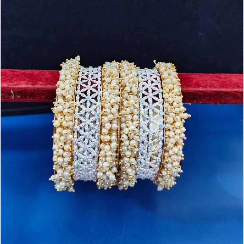 Silver Bangles With Floral Designs-Pooja Bangles  Austrian Stone And  Pearls Bangle  Set