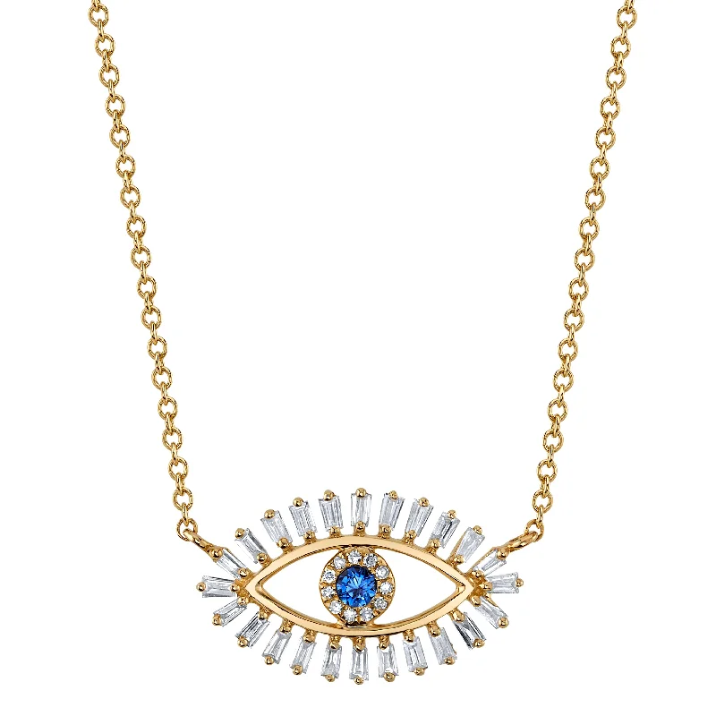 Personalized Necklaces-Sapphire Evil Eye with Diamond Baguette Lashes