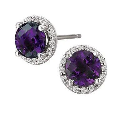 Minimalist Earrings-Classic Hoop Earrings-14KT WHITE GOLD AMETHYST & DIAMOND HALO EARRINGS