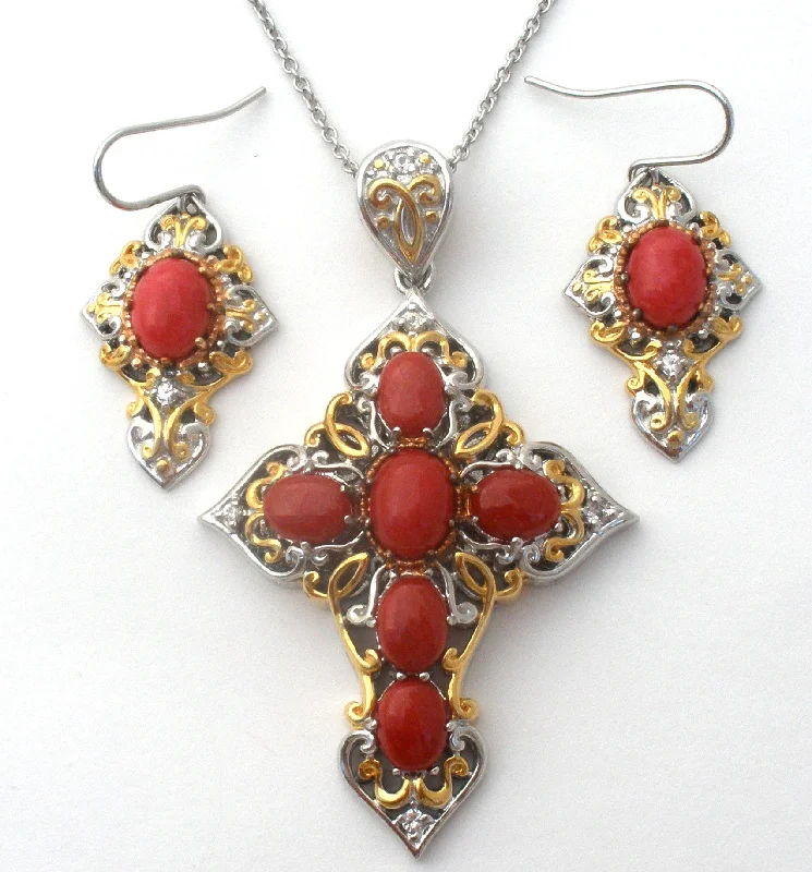 Personalized Necklaces-Michael Valitutti Red Coral Cross Necklace Set 925