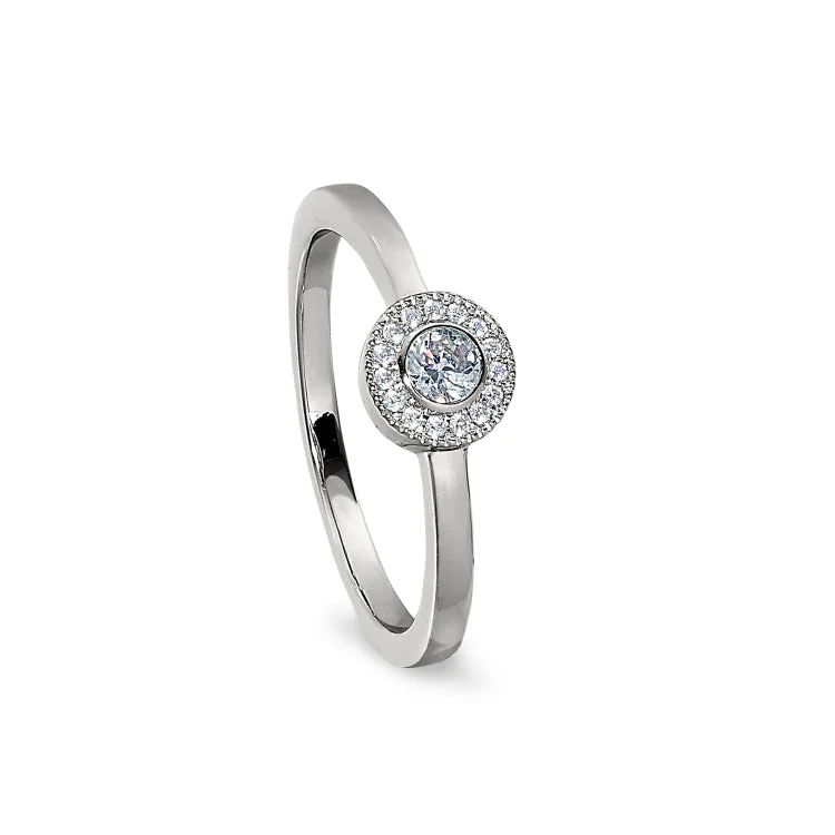 AquamarineRings-Platinum Finish Sterling Silver Micropave Round Simulated Diamond Ring with Simulated Diamonds Size 5