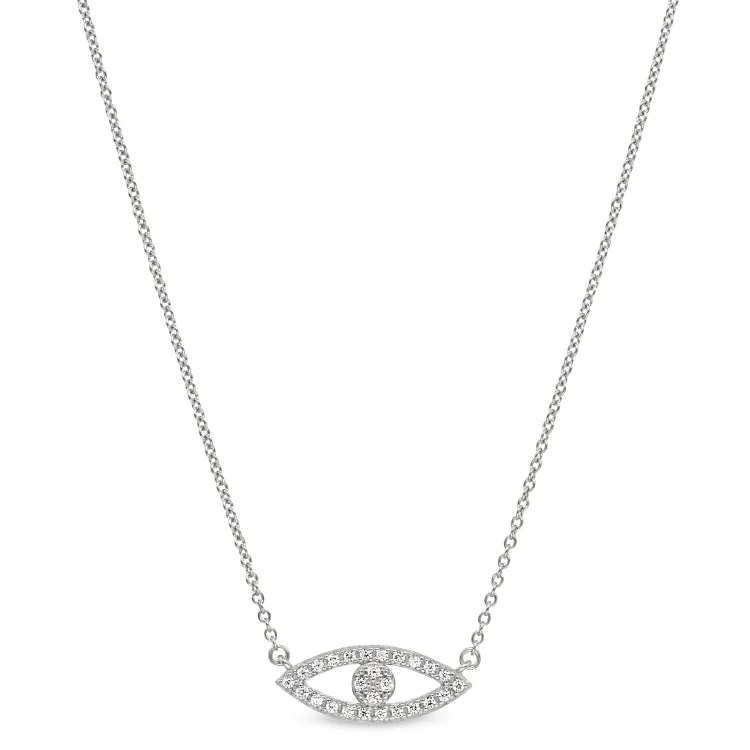 Triple Strand Necklaces-Platinum Finish Sterling Silver Micropave Evil Eye Necklace with Simulated Diamonds on 16"-18" Adjustable Chain