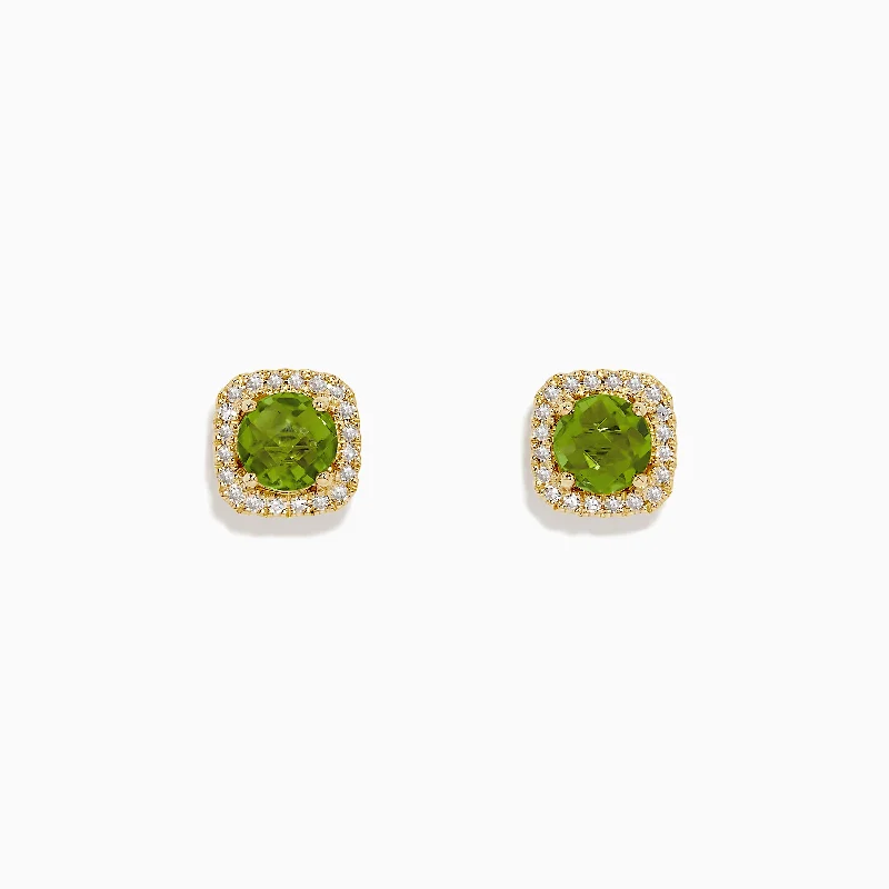 Fancy Stud Earrings-Summer Earrings-14K Yellow Gold Peridot and Diamond Stud Earrings, 1.99 TCW