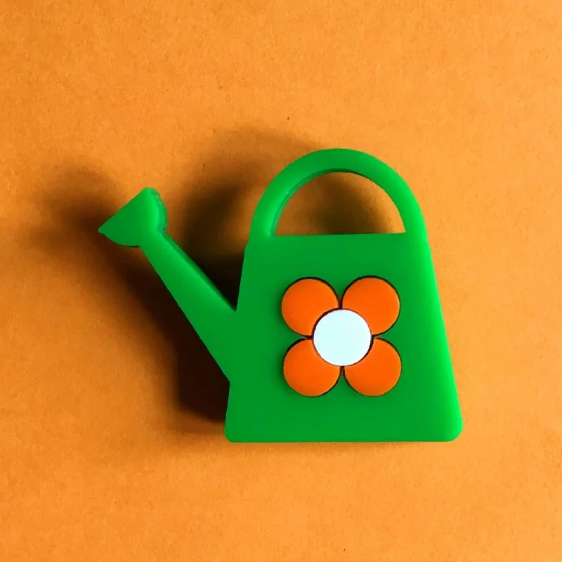 Brooch with rose design-WATERING CAN Acrylic Brooch, Green With an Orange Flower 🌱 🌼