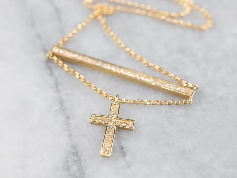 Gold Necklaces with Pearls-Diamond Bar Necklace with Cross Charm