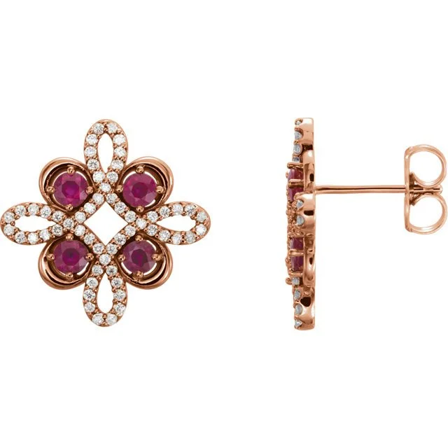 Sparkly Earrings-Drop Earrings for Evening-14KT GOLD RUBY & 1/4 CTW DIAMOND CLOVER EARRINGS