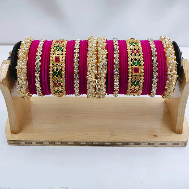 Custom Bangles For Personalized Gifts-Pooja Bangles Gold Plated Crystal And Austrian Stone Pearls Bangles Set