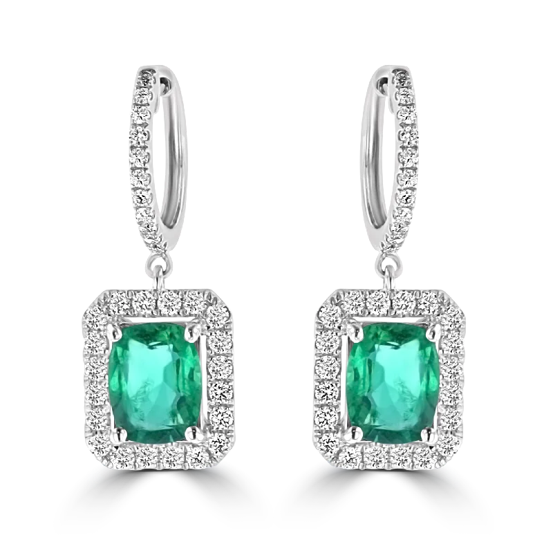 Custom Bridal Earrings-Mixed Metal Earrings-JULEVE 3.00 CTW EMERALD & 1.00 CTW DIAMOND HALO EARRINGS