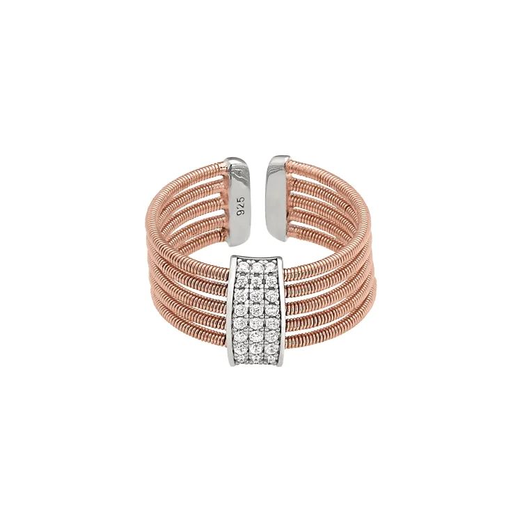 TreeRings-Rose Gold Finish Sterling Silver Multi Cable Cuff Ring with Rhodium Finish Simulated Diamond Three Rows