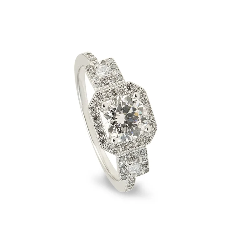 HeartRings-Platinum Finish Sterling Silver Micropave Octagon Ring with 59 Simulated Diamonds