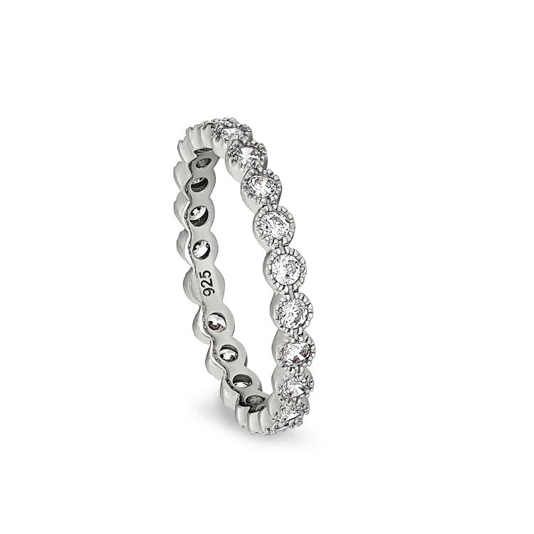 BirthstoneRings-Platinum Finish Sterling Silver Beaded Bezel Ring with Simulated Diamonds