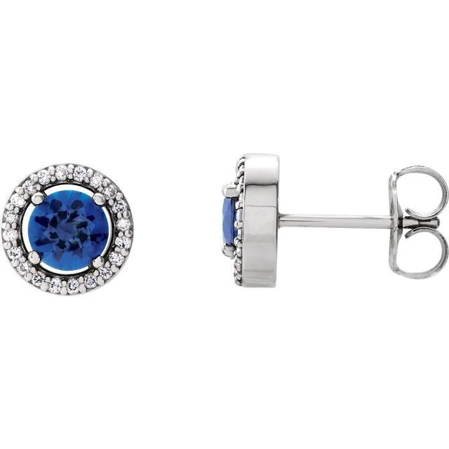 Flower Earrings-Holiday Drop Earrings-14KT WHITE GOLD BLUE SAPPHIRE & 1/10 CTW DIAMOND EARRINGS