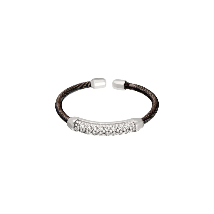 ZirconRings-Black Rhodium Finish Sterling Silver Single Cable Cuff Ring with Rhodium Finish Double Row Simulated Diamonds