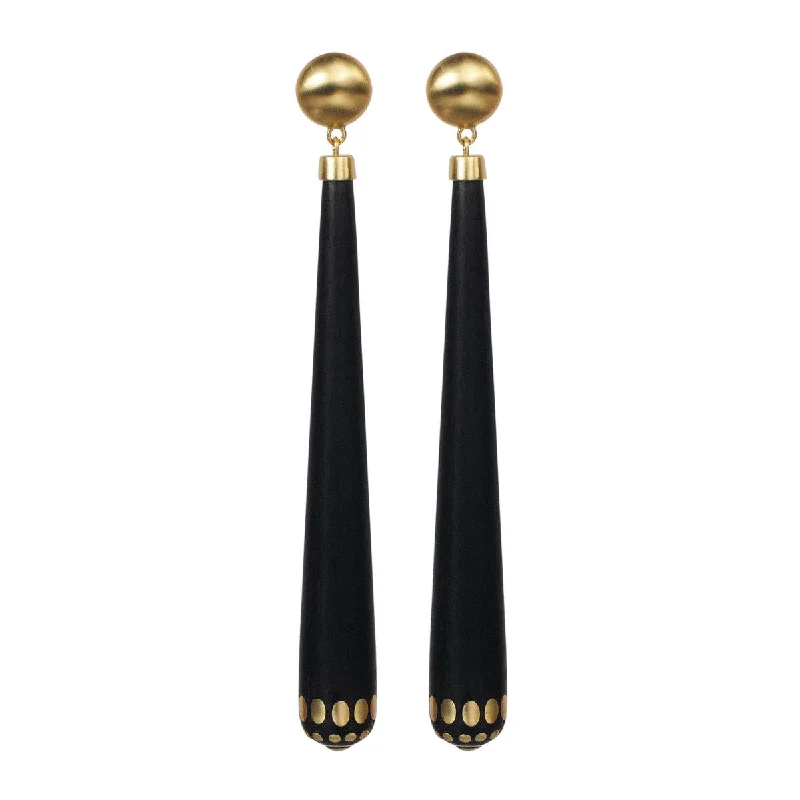 Party Earrings-Large Dangle Earrings-18K Gold Long Ebony Teardrop Earrings