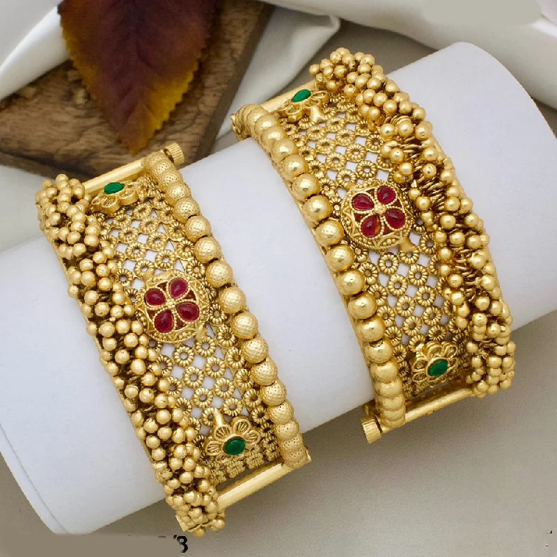 Bangles For Formal Wear-JCM Gold Plated Pota Stone And Pearls Openable Bangles Set