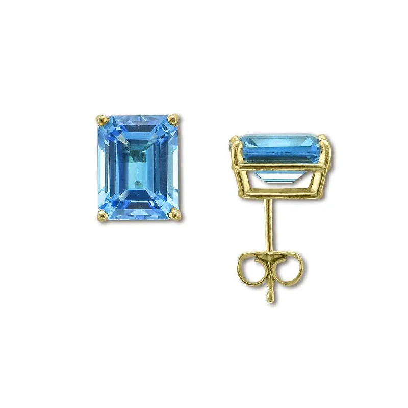 Multi-Color Earrings-Pearly Stud Earrings-14KT YELLOW GOLD 6 CTW EMERALD CUT SWISS BLUE TOPAZ EARRINGS