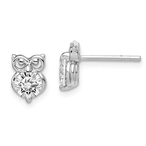 Wedding Stud Earrings-Dangle Earrings-Sterling Silver Round Clear CZ Owl Post Stud Earrings