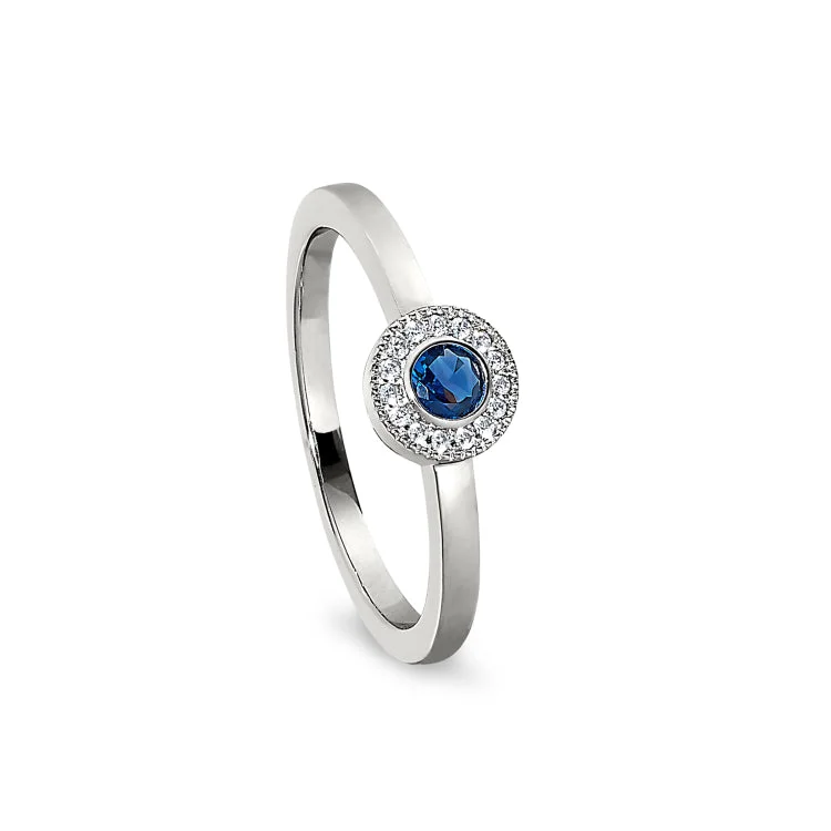 AchievementRings-Platinum Finish Sterling Silver Micropave Round Simulated Sapphire Ring with Simulated Diamonds Size 9