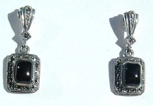 Trendy Stud Earrings-Soft Earrings-Art Deco Earrings Black Onyx Silver Marcasite