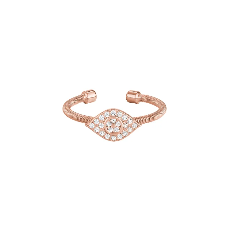 CrystalRings-Rose Gold Finish Sterling Silver Cable Cuff Evil Eye Ring with Simulated Diamonds