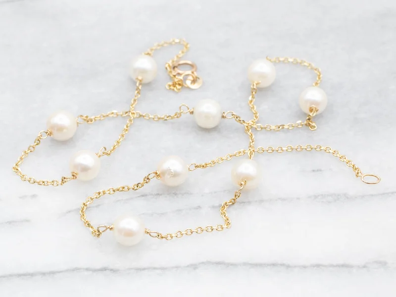 Cute Necklaces for Girls-Pearl Station Necklace with Spring Ring Clasp