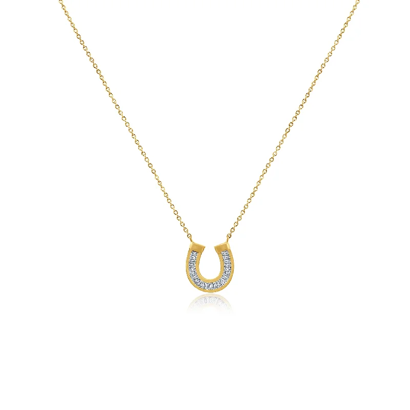 Dainty Gold Necklaces-Gold and Baguette Diamond Horseshoe Necklace