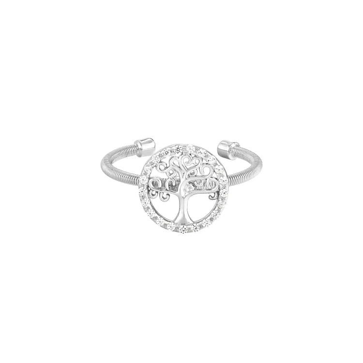 MandalaRings-Rhodium Finish Sterling Silver Cable Cuff Tree Ring with Simulated Diamonds